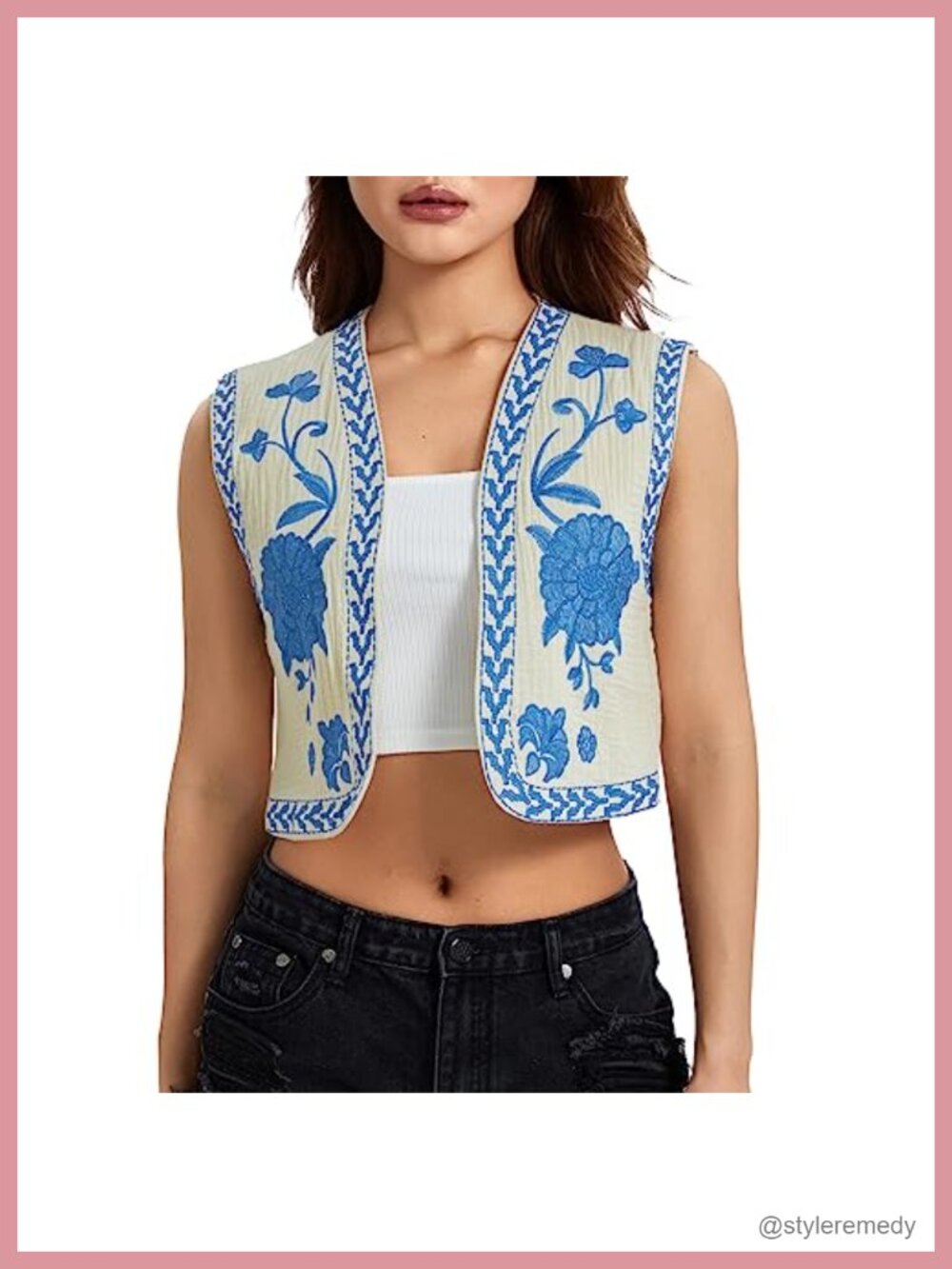 Embroidered Vest Top Women Sleeveless Floral Open Front Boho Cardigan